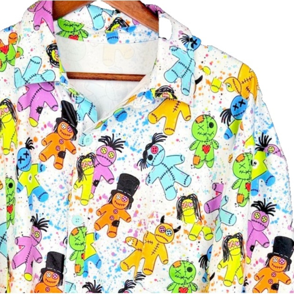 Voodoo Doll Hawaiian Shirt Mens 2XL Multicolor Paint Splatter Graphic Button Dow
